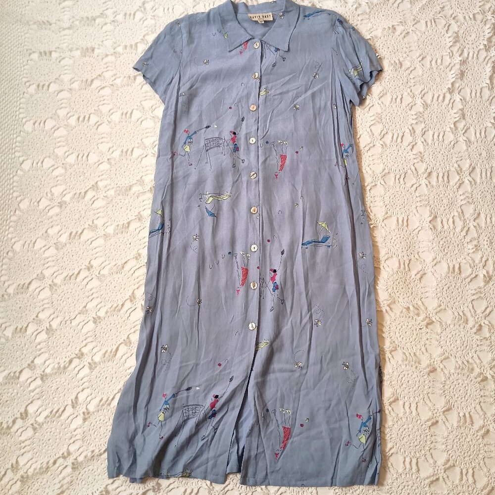 Vtg 90s Y2K Shirt Dress Midi Blue Rayon Lawn Games Print Collared Medium Women M